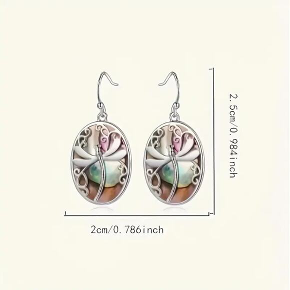 Dragonfly Dangle Earrings | Silver Shell Iridescent Bohemian Boho | New - Picture 2 of 7